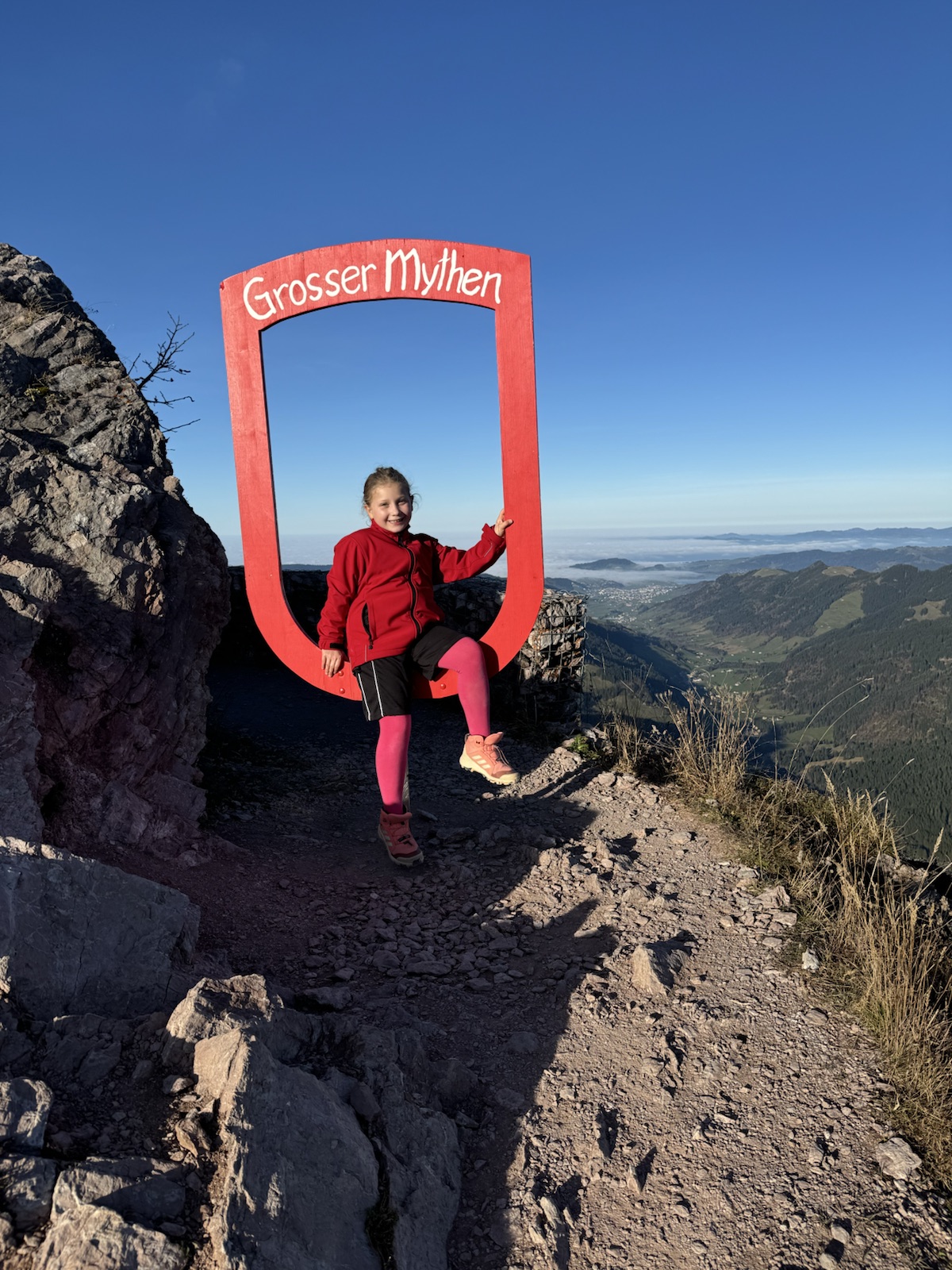 Mathilde at the Grosser Mythen summit sign