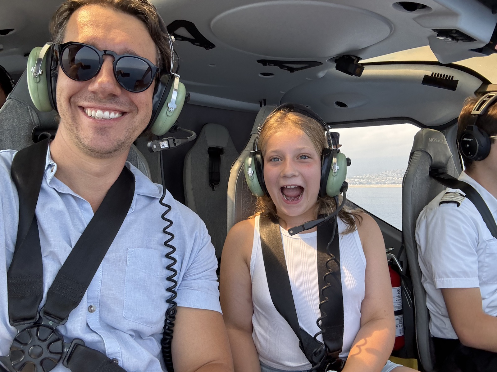 Mathilde and her dad in the helicopter